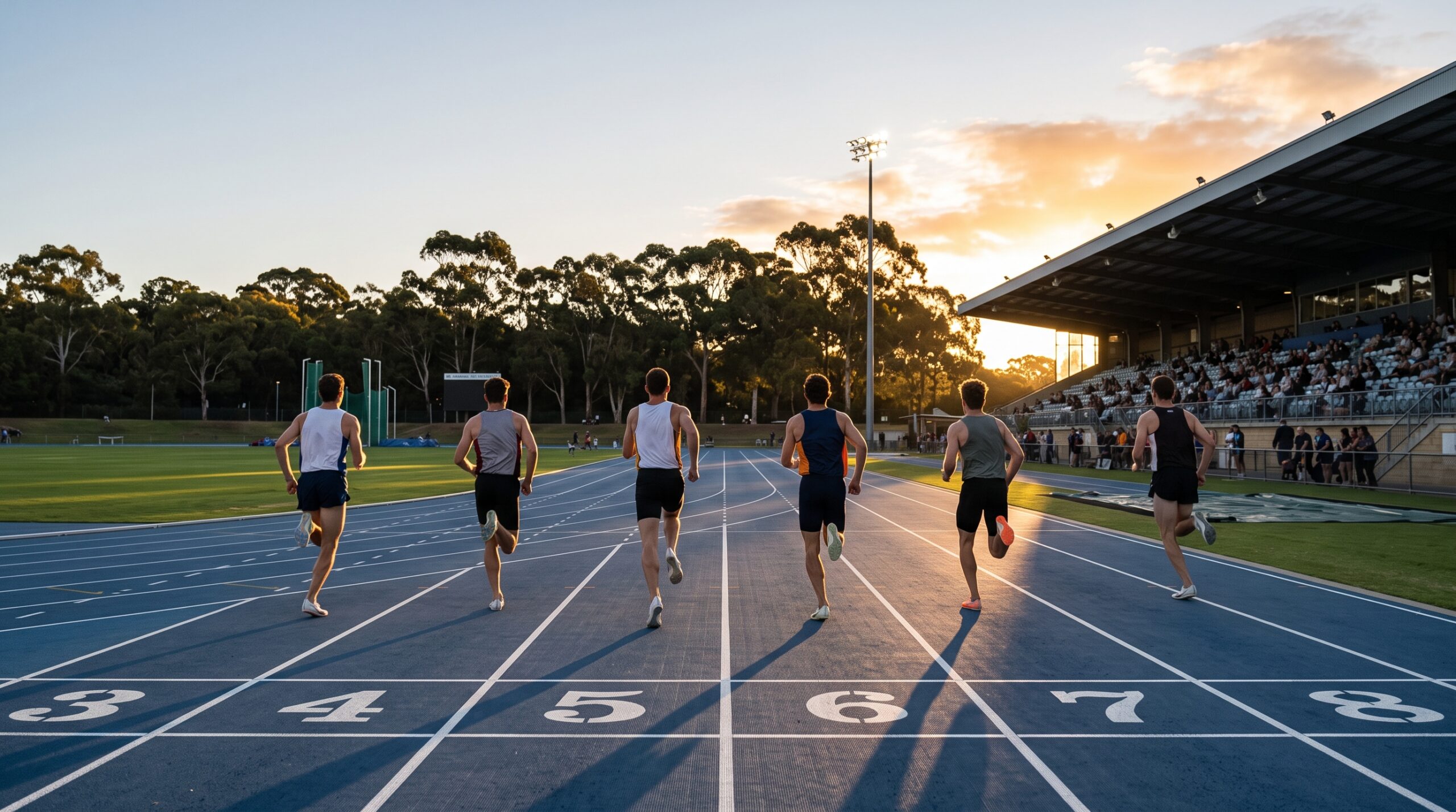 Runners racing down the home straight at an evening meet during the Athletics West summer season 2026 in Perth.