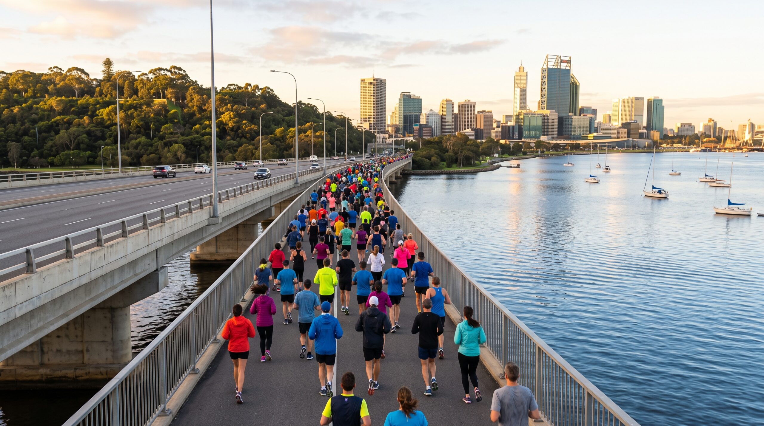 Runners crossing the Narrows Bridge at sunrise during the Bridges Fun Run Perth, with the Swan River and city skyline behind.