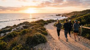 Perth running clubs social run group jogging along the Trigg coastal path at sunrise
