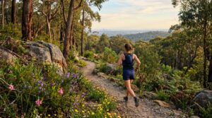 Trail running Western Australia: a runner on a gravel track through jarrah forest on the Darling Scarp near Perth at sunrise
